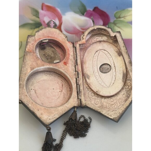 Antique 1910s Compact Coin Purse Silverplate Guilloche Enamel - Picture 15 of 16